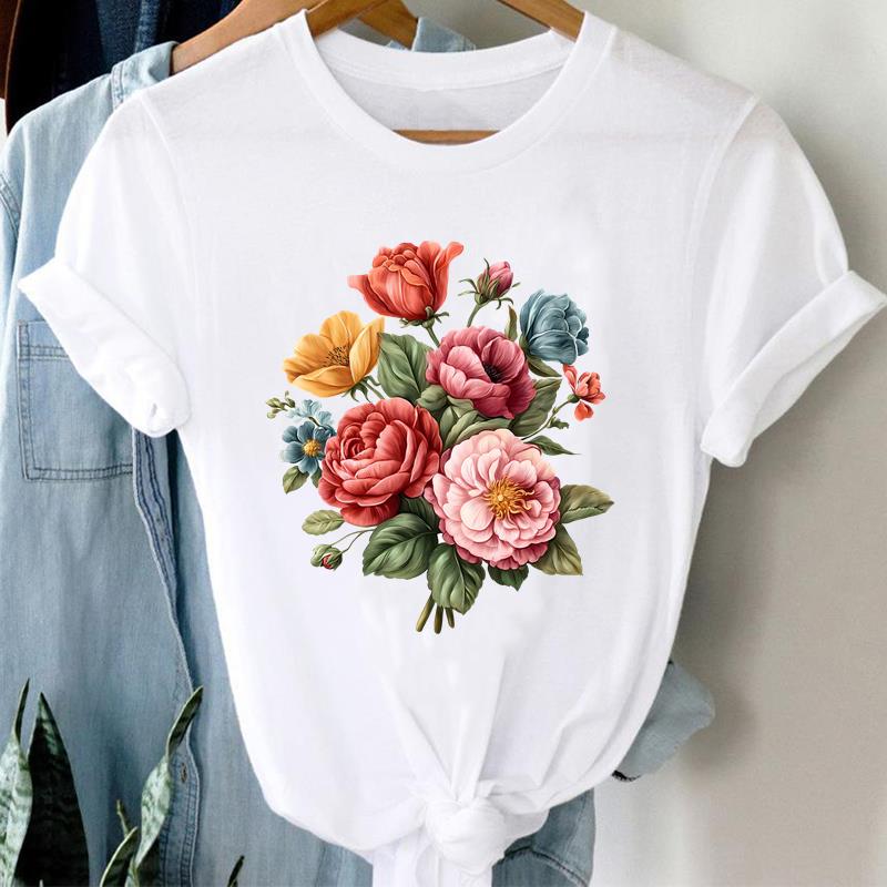 (Asian Size)  flower love heart Short Sleeve T Shirt Women Tee Top Clothing Casual Fashion Print Lady Female Graphic T-shirts