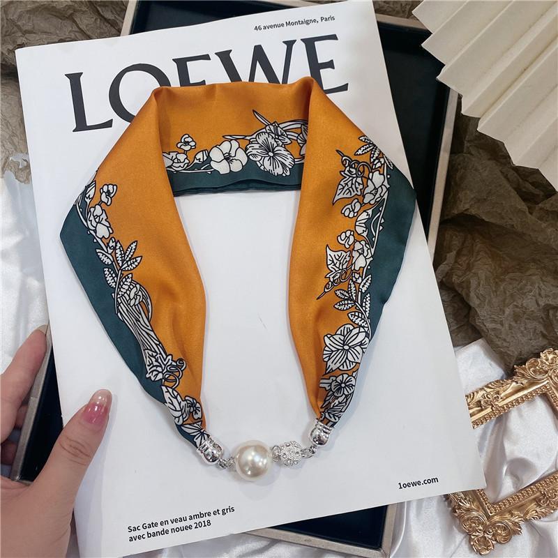 Luxury Design Magnetic Button Summer Silk Scarf Women Magnetic Pearl Necklace Scarves High End Matching Shirt Scarf Lady