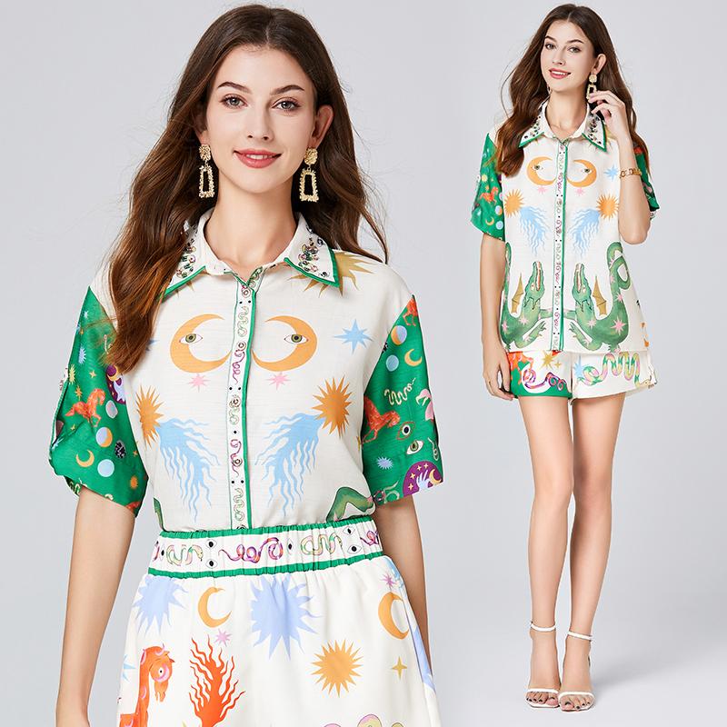 

Летний дизайнерский винтажный принт змея подиум брюки наряды женские роскошные топы с бисером рубашка + эластичные шорты комплект из двух предметов 2XL зелёный