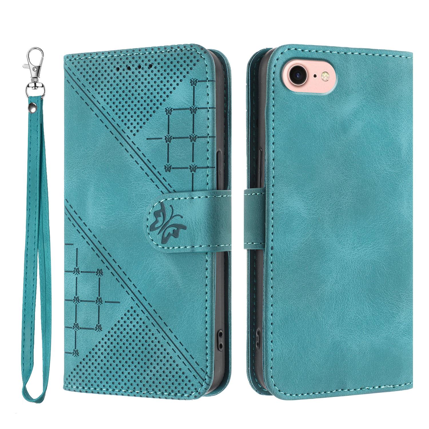 

For iPhone 16e Leather Wallet Case Butterfly Flower Imprinted Phone Cover with Strap Light Blue