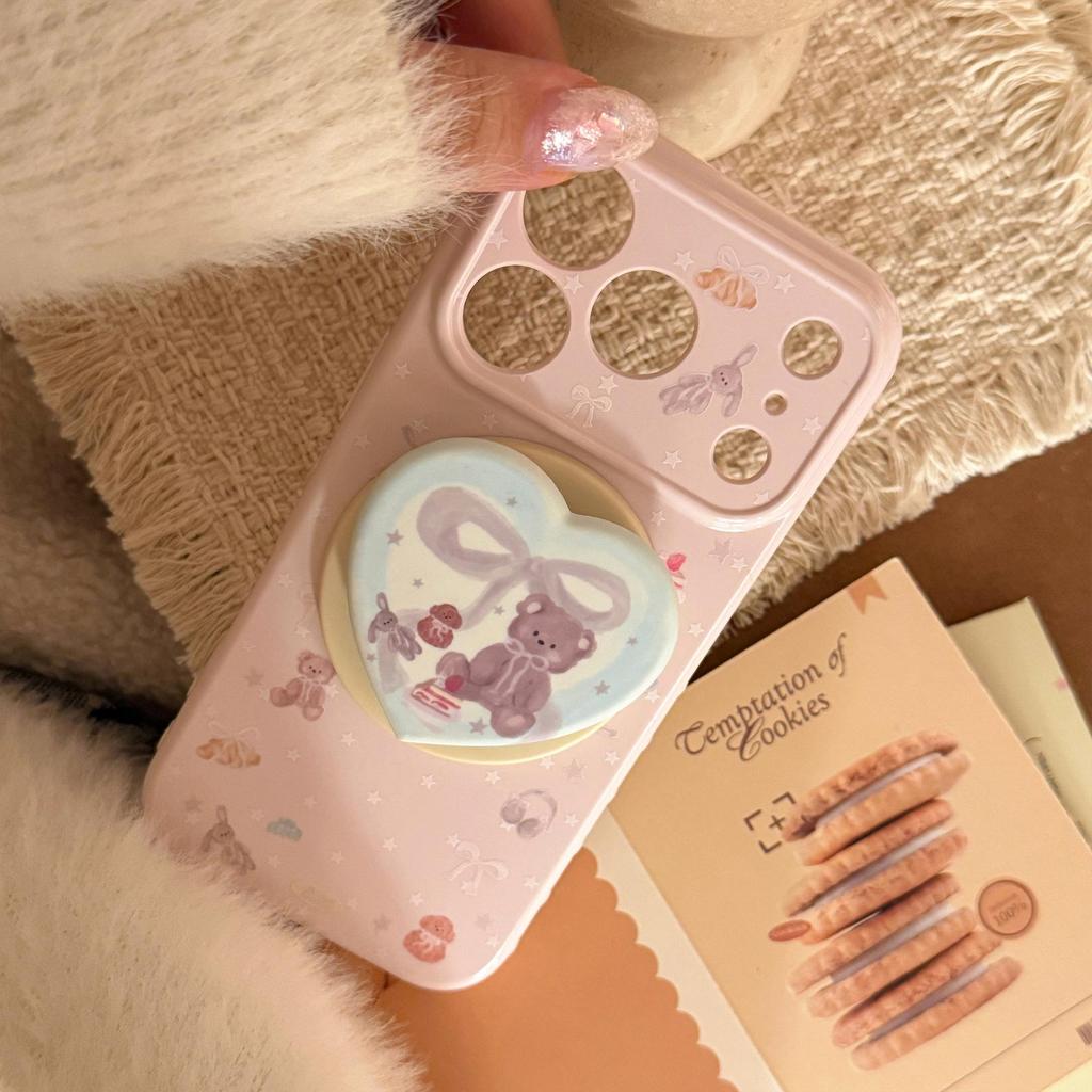 Cute Pink Bear Heart-Shaped Magnetic Stand and Bear Phone Case for iPhone 16, iPhone 17, and iPhone 17 Pro Max