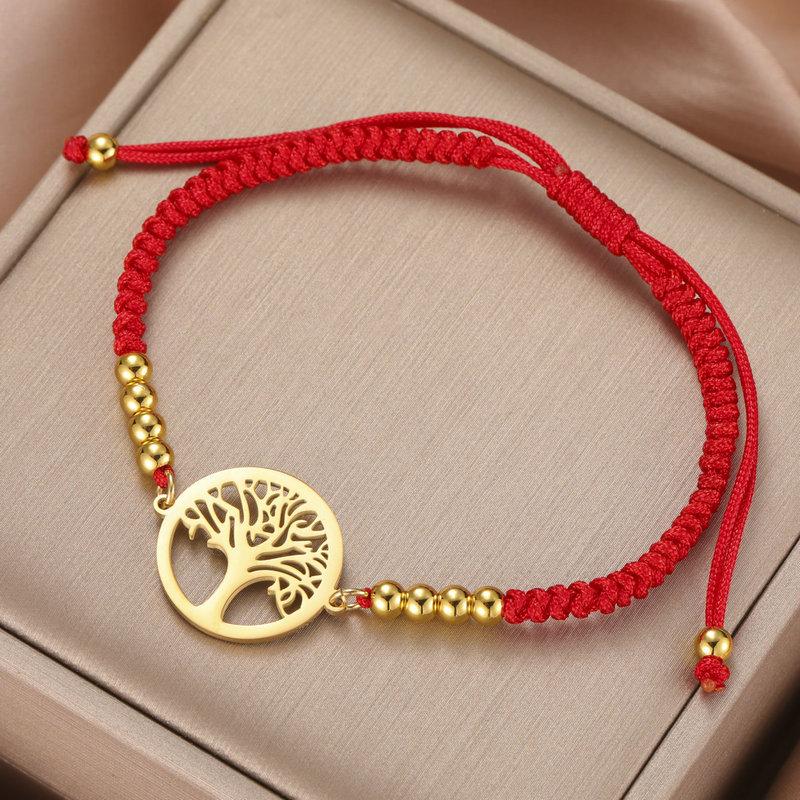 Adjustable Red Cord Bracelet With Hollow Tree Of Life Round Pendant Versatile Metal Chain Jewelry For Women And Men