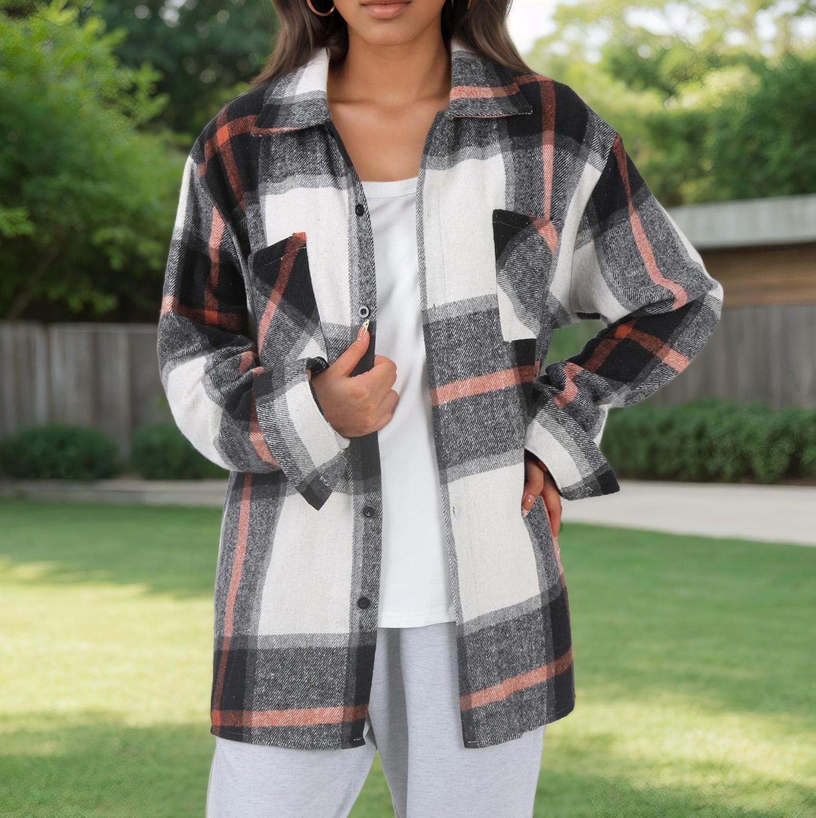 Женское пальто осень и зима клетчатая рубашка пуговицы модное шерстяное пальто XL хаки — фото 4