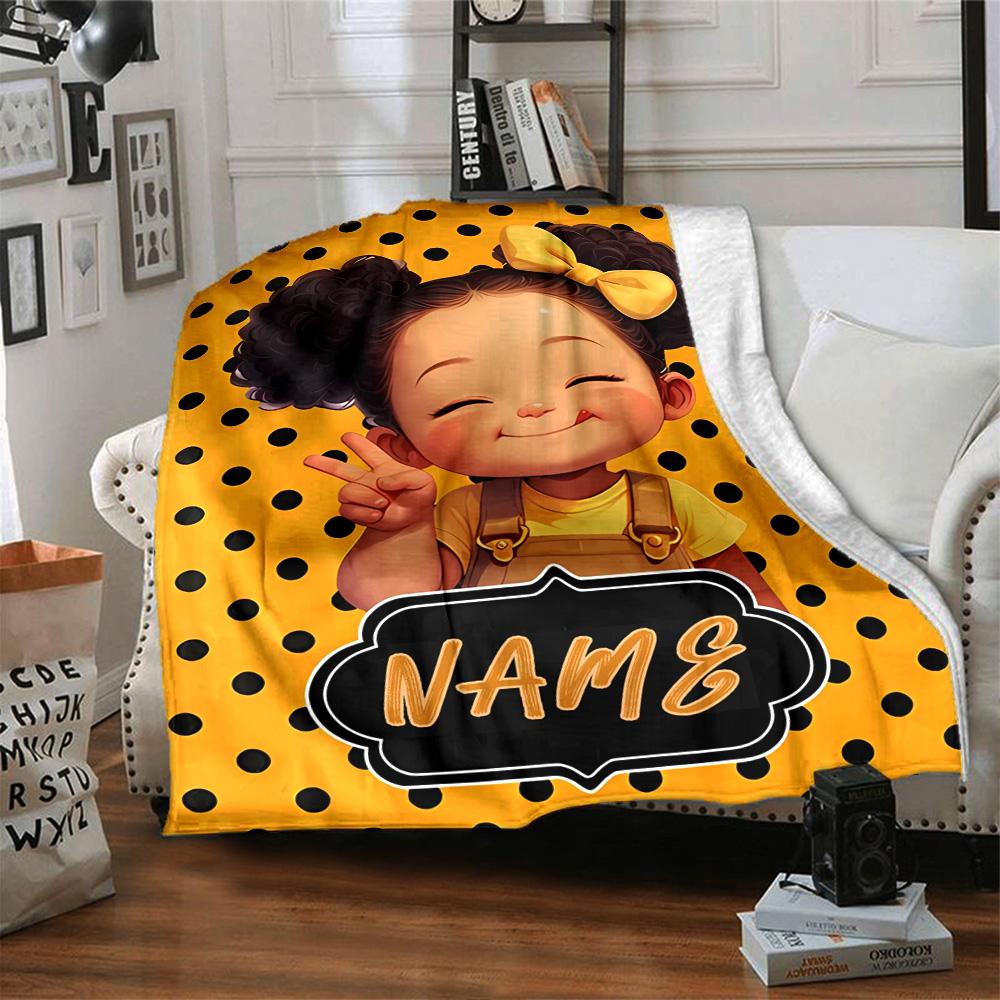 Happy Girl Bow Multi-purpose Customizable Blanket Personalized Text Durable Comfort Versatile for Sofa Couch Office Bed Picnics