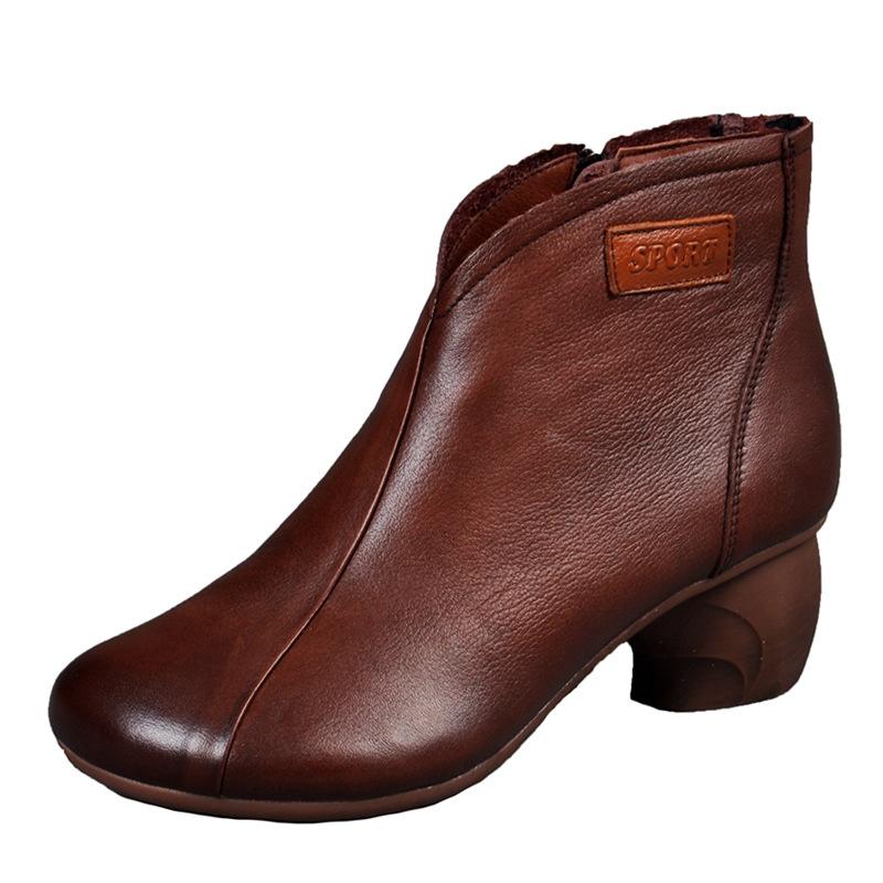 Fashion Autumn Single Boots Genuine Leather Handmade Retro Women's Shoes Thick Heel Side Zip Comfort Short Boots Winter Plush Mom Shoes