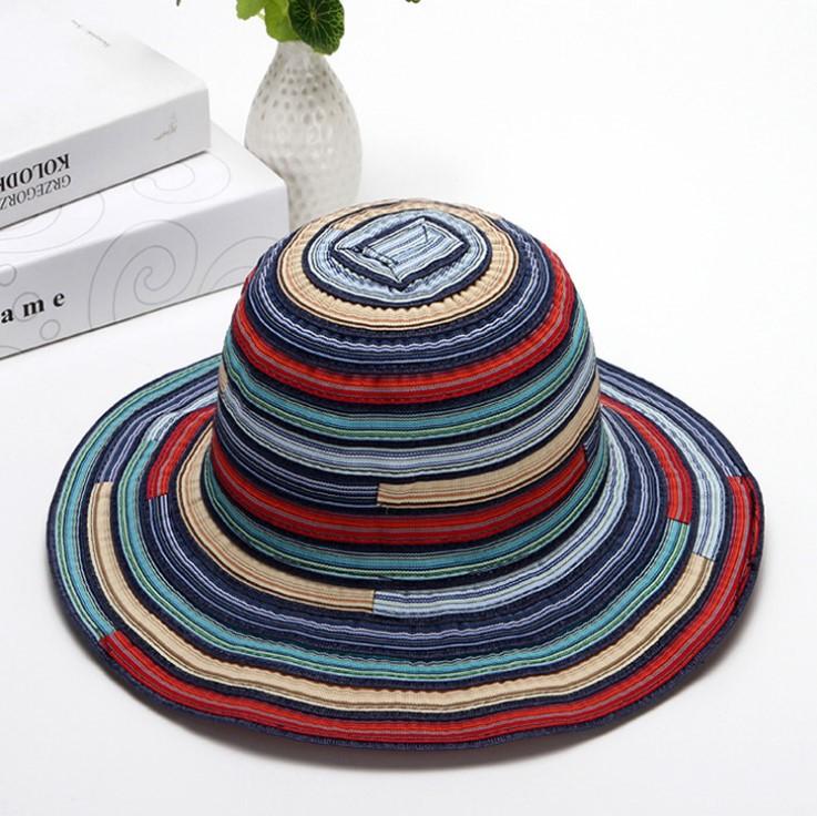

Women Foldable Sun Hat Spring Summer Rainbow Striped Cloth Fisherman Hats Female Outdoor Beach Holiday Sunscreen Cap 56-58cm темно-синий
