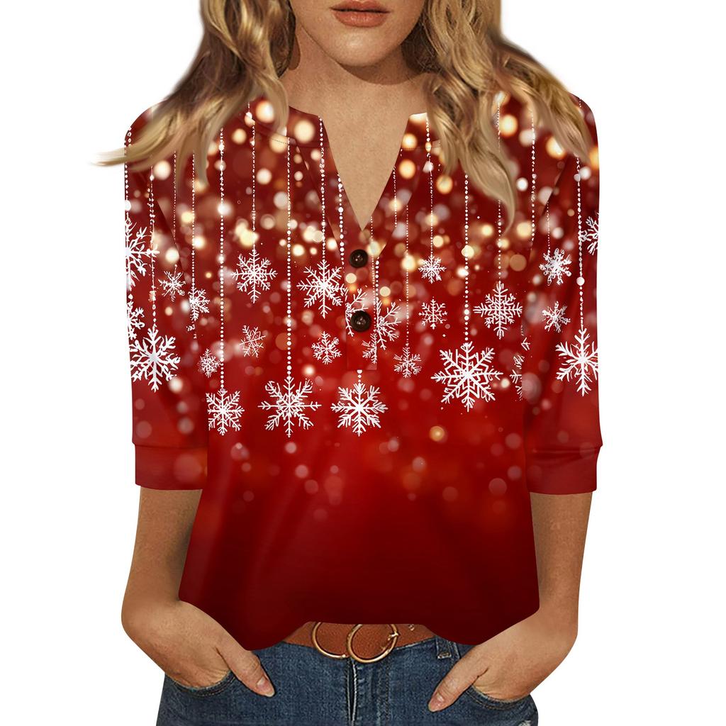 Women's T Shirt Christmas Print Button 3/4 Sleeve Daily Weekend Fashion Basic V- Neck Regular Top