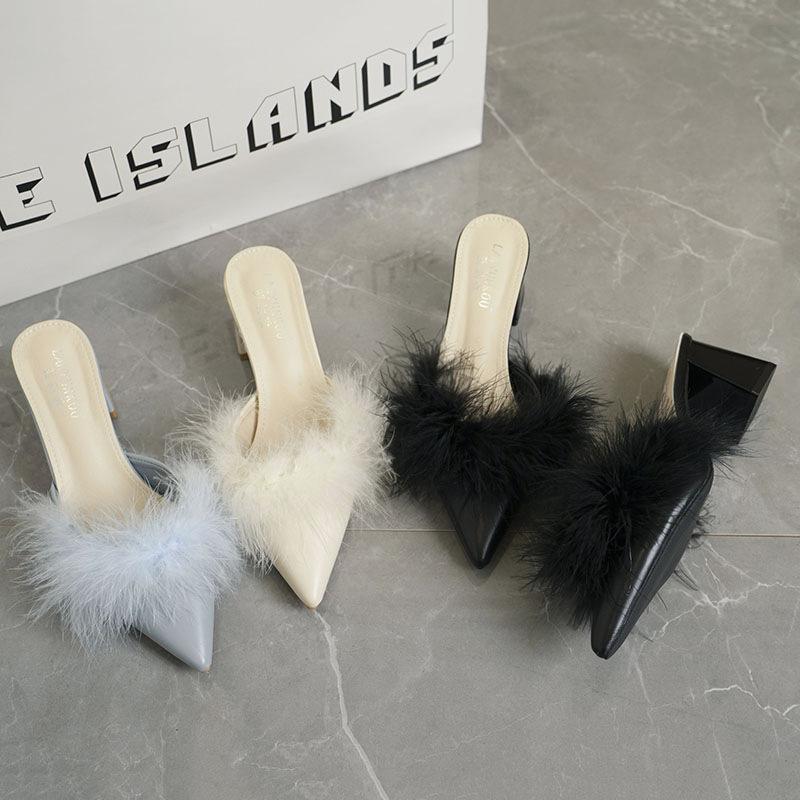 2024 Autumn New Foreign Trade Large Size Fine Heel Cool Slippers One-word Drag Bag Head Wear High Heel Slippers