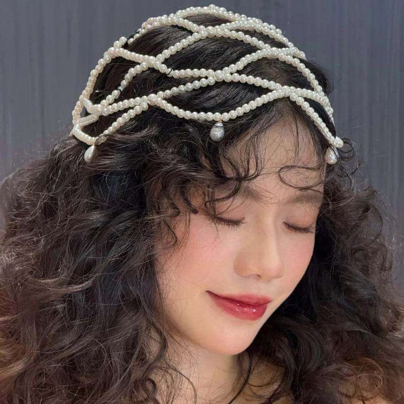 Modische Netz-Haaraccessoires Komplett Handgefertigt Perlen-Hutkette Braut-Kopfschmuck Quaste Modische Haarkette