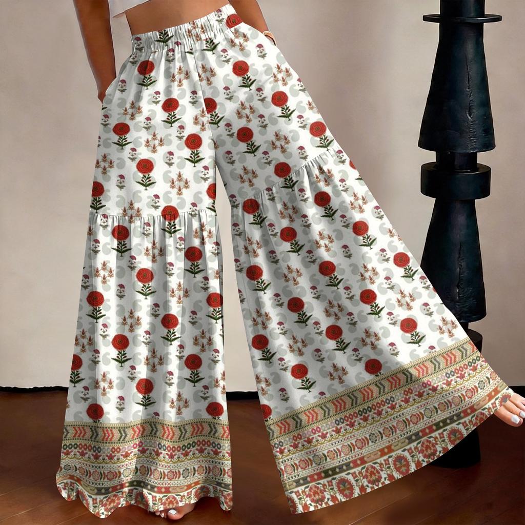 Women's High Waist Wide Leg Pants Loose Fit Lightweight Breathable Floral Print Casual Palazzo Trousers for Summer
