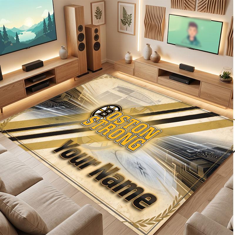 Boston Bruins Personalized Crystal Velvet Carpet, Customized Name Text Soft Anti‑Slip Rug for Living Room Bedroom
