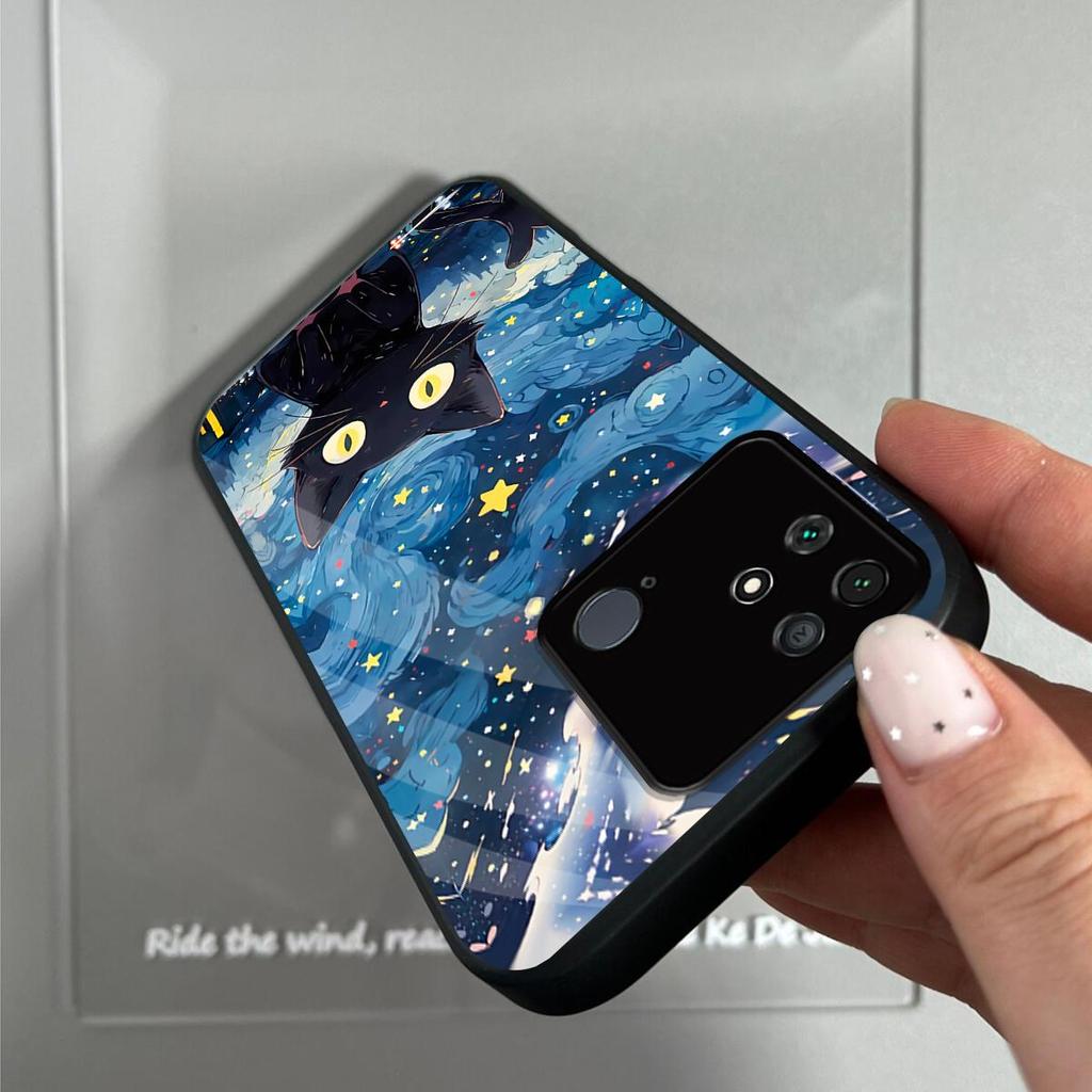 Case for Xiaomi POCO C40 Anime Black Cat Starry Cloud Print Phone Cover Acrylic Hard Back Shell With Flexible TPU Edge