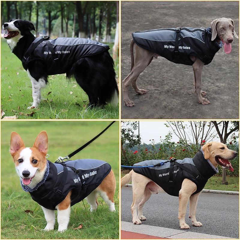 Roupas grandes à prova d'água para cães, casaco de inverno com arnês, gola peluda, quente, roupas para animais de estimação, jaqueta grande, labrador, buldogue