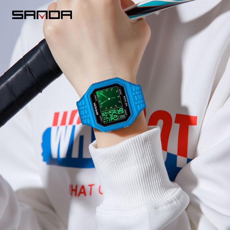 SANDA Unisex Fashion Square Multifunctional Wristwatch – Waterproof, Alarm, Electronic Timer.