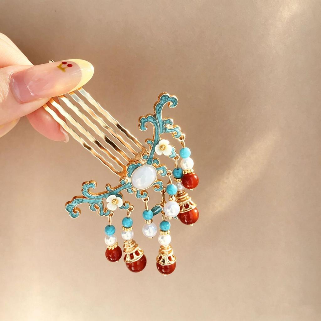 Pearl Auspicious Cloud Hair Comb: Ancient Xiuhe Tassel Hairpin for Updos