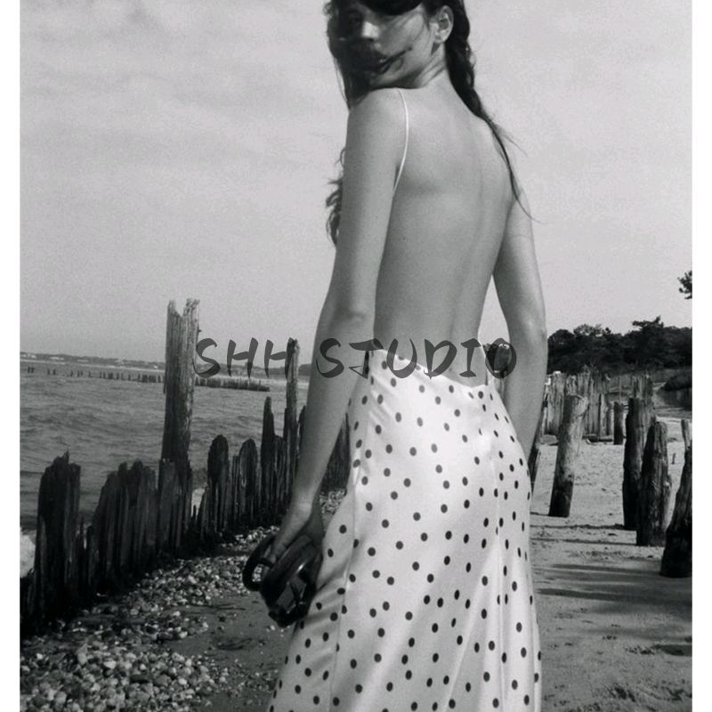 Summer Women's Clothing Open Back Design Patchwork Lining V-Collar Polka Dot Silk Satin Texture Midi Skirt Dress 3067214