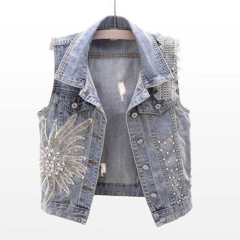 Spring Lace Denim Vest Women's Short Sleeveless Vest Jacket Waistcoat Top