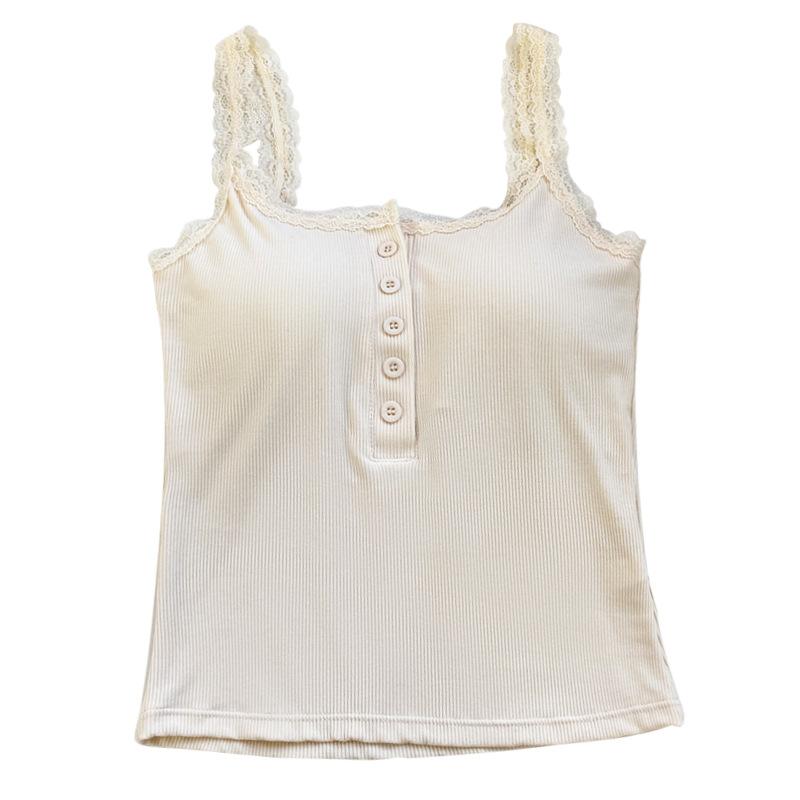 Cotton Spring and Summer Cotton Lace Vest Straps Pure Wind with Breast Pad Buttons Inside To Wear Underwear