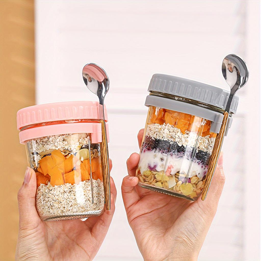 4pcs 11.83oz Glass Oatmeal Cup with Spoon, Breakfast Cup with Scale, Portable Breakfast Salad Jar, Yogurt Container, Storage Tank for Family Dining