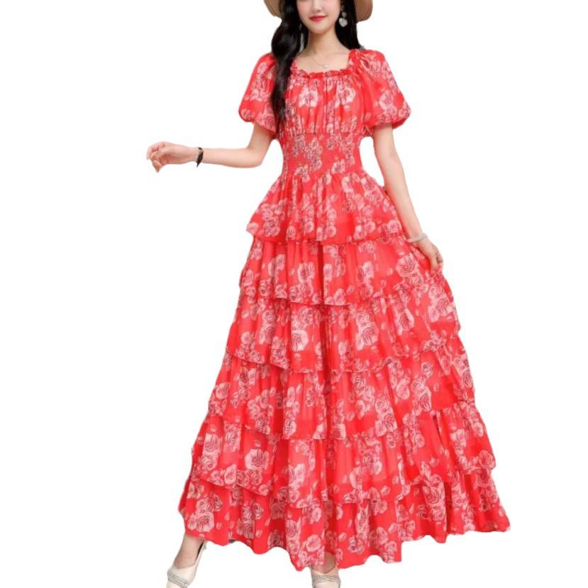 Retro Floral Chiffon Slimming Dress: Women's Summer Puff Short Sleeve High-End Vacation Cake Dress
