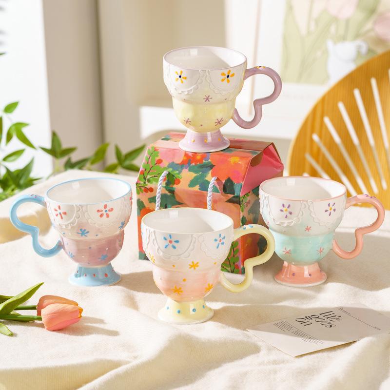 Hand-Painted Relief Goblet Household Ceramic Cup Drinking Cup Coffee Cup Cute Milk Oat Cup