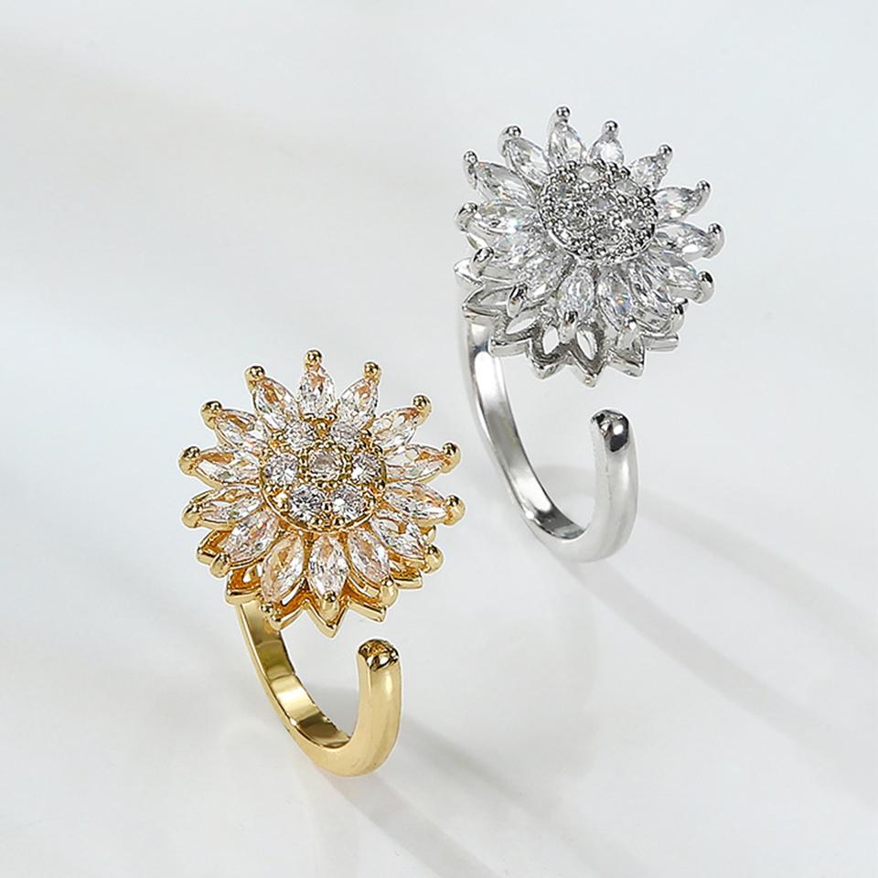 ZAKOL Fashion Crystal Sunflower Rings For Women Elegant Clear Zirconia Adjustable Flower Ring Engagement Wedding Zircon