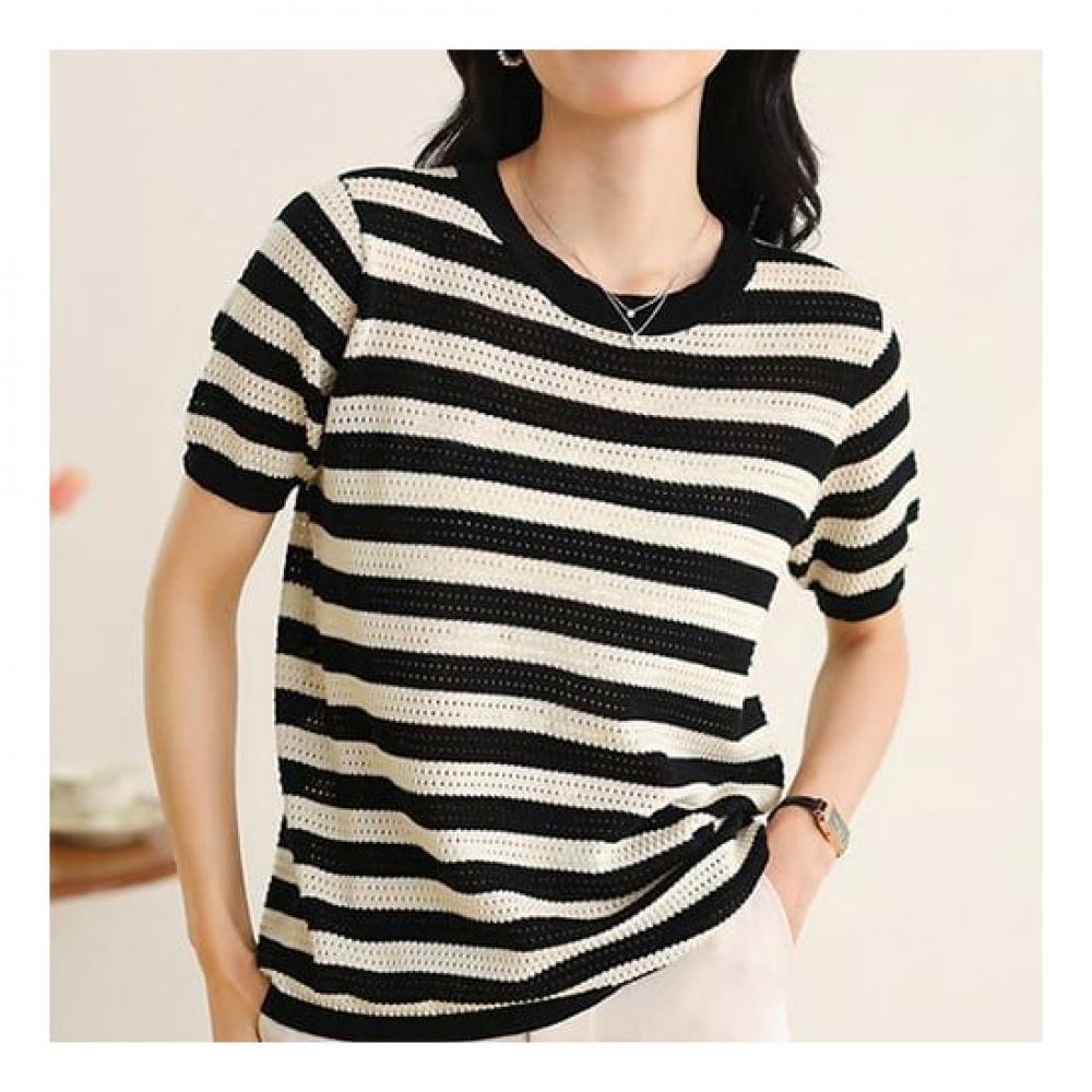 Navava Nk2013 Punching Stripe Round Neck Short Sleeve Knit