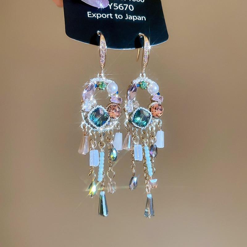 Diamond-encrusted zircon square round pearl crystal fringed ear hook retro ethnic style earrings light luxury high-end earrings