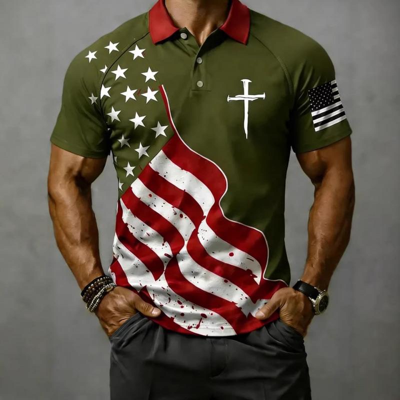 Patriotic Essential! Short Sleeve Polo, Flag & Cross Print, Casual Style