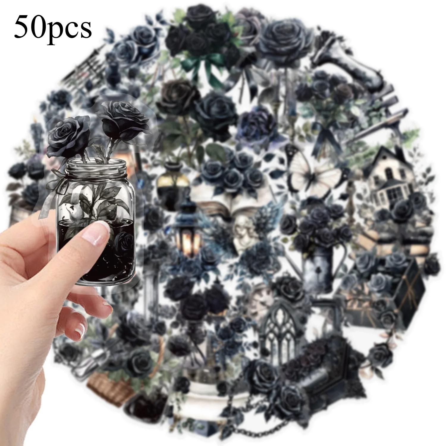 

50pcs Transparent Cartoon Dark Rose Sticker Transparent PET Bookkeeping Material Decorative Guitar Notebook Journal Stickers