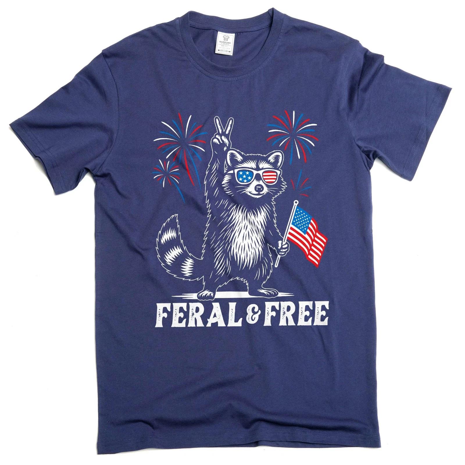 4th of July funny racoon feral and free tshirt free patriotic USA flag funny tee M