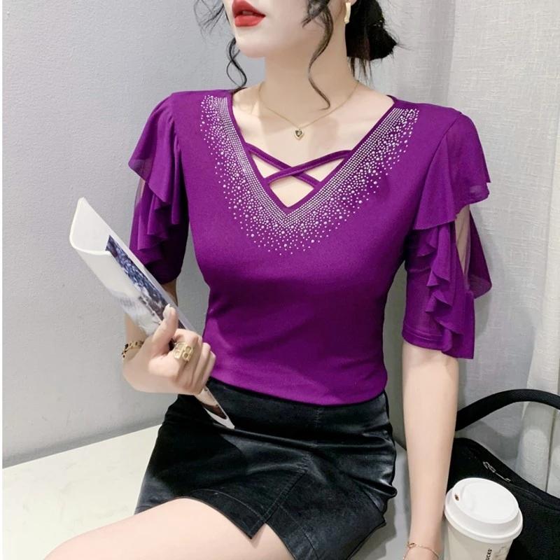 

Новая летняя европейская одежда женская футболка модная сексуальная с V-образным вырезом топы с блестящими бриллиантами шикарная с ажурной отделкой короткий рукав все сочетается футболки 3XL