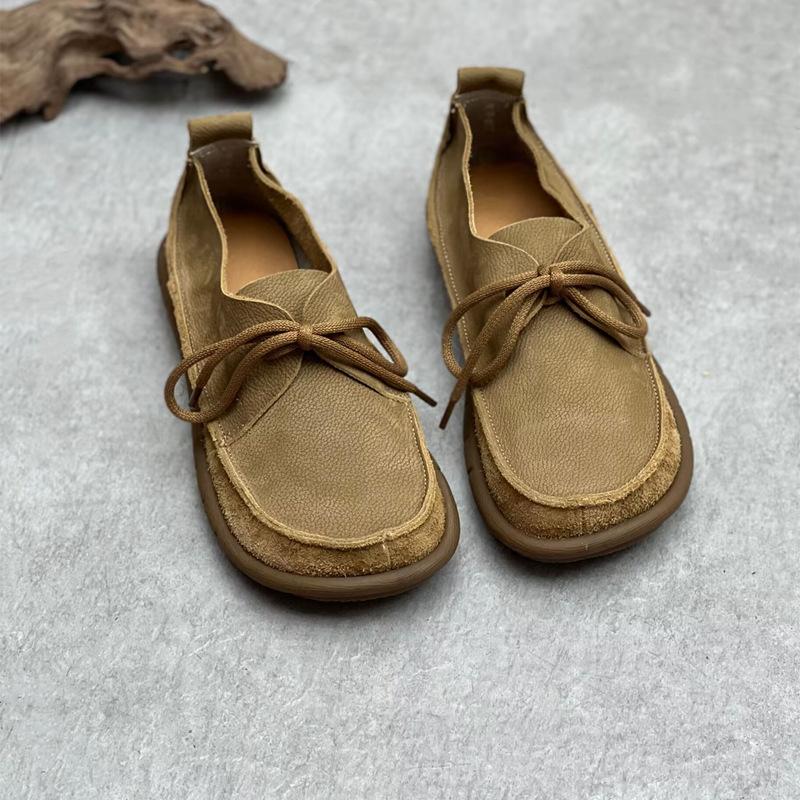 Johnature Håndlaget ekte skinnsko for kvinner Rund tå, lav, myk såle Loafers Retro ensfargede sko