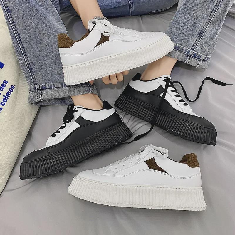 2025 Ulzzang White Sneakers: Thick-Soled, Casual Hong Kong & Harajuku Style Sports Shoes for Men