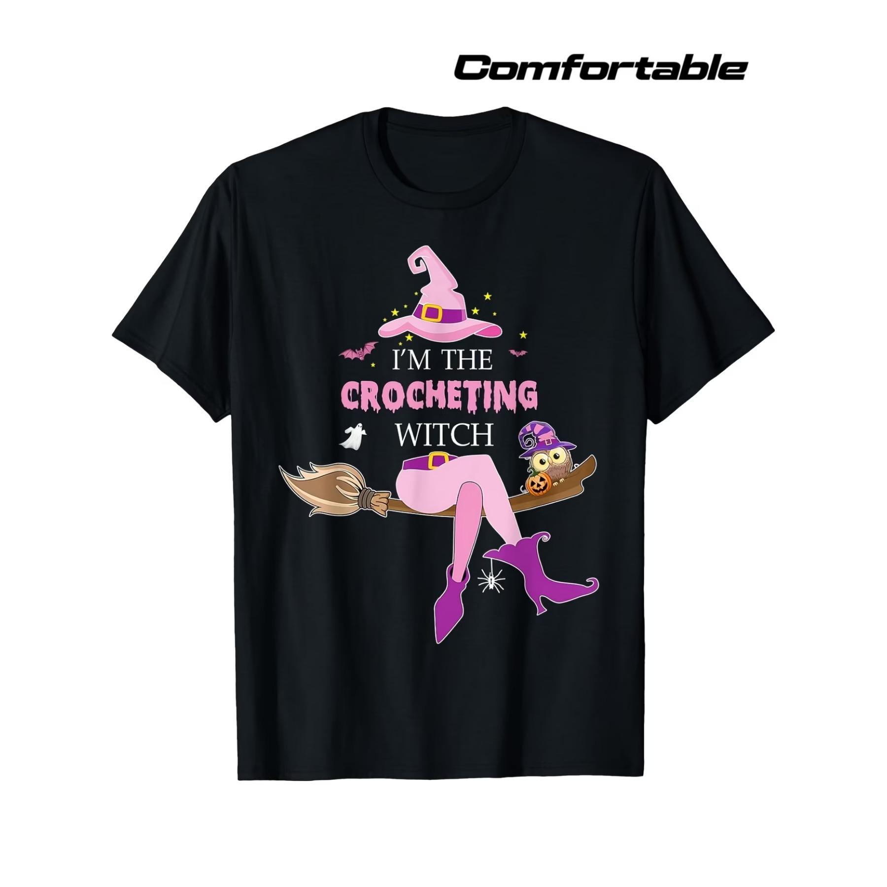 

Women S Halloween Witch Riding Broom Crochet Graphic T-Shirt - Black Short Sleeve Retro Tee with Witch Hat & Yarn Design XXL
