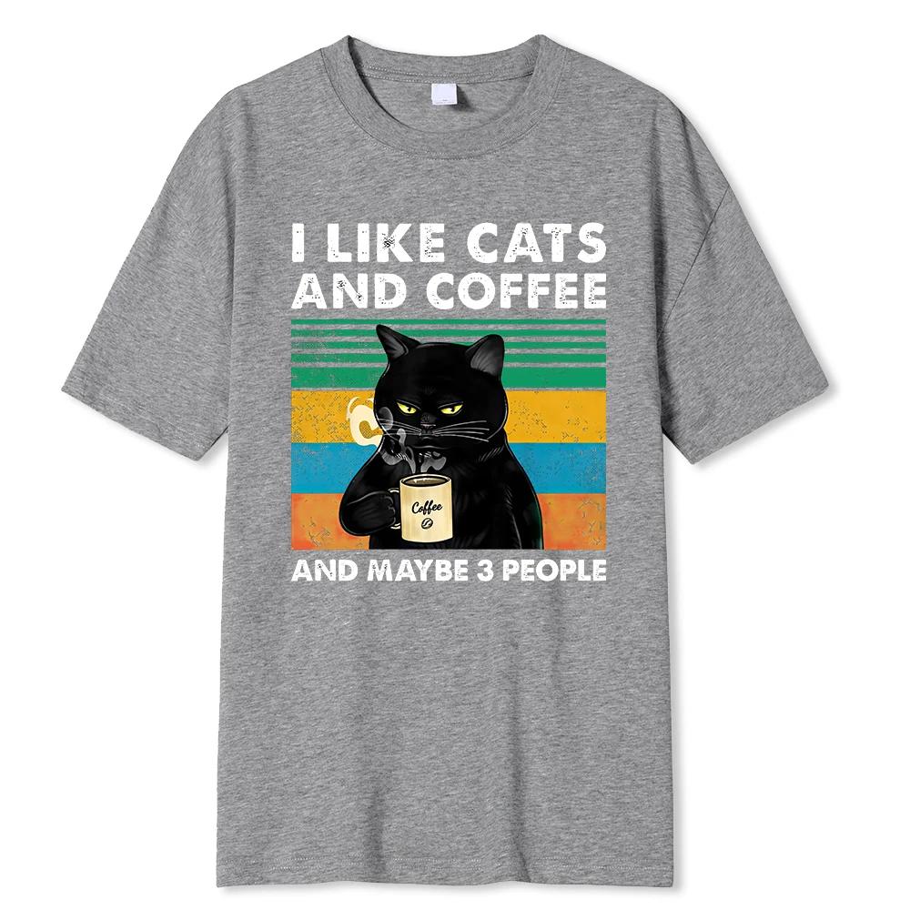 Men's I Like Cats And Coffee pattern printed 100% pure cotton short-sleeved T-shirt casual loose Harajuku top