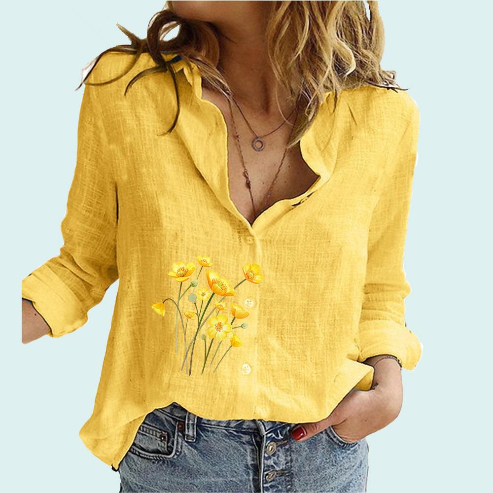 

Женская модная рубашка с цветочным принтом, женская мода, весенне-осенний топ на пуговицах с длинными рукавами, женские льняные блузки с длинными рукавами 5XL жёлтый