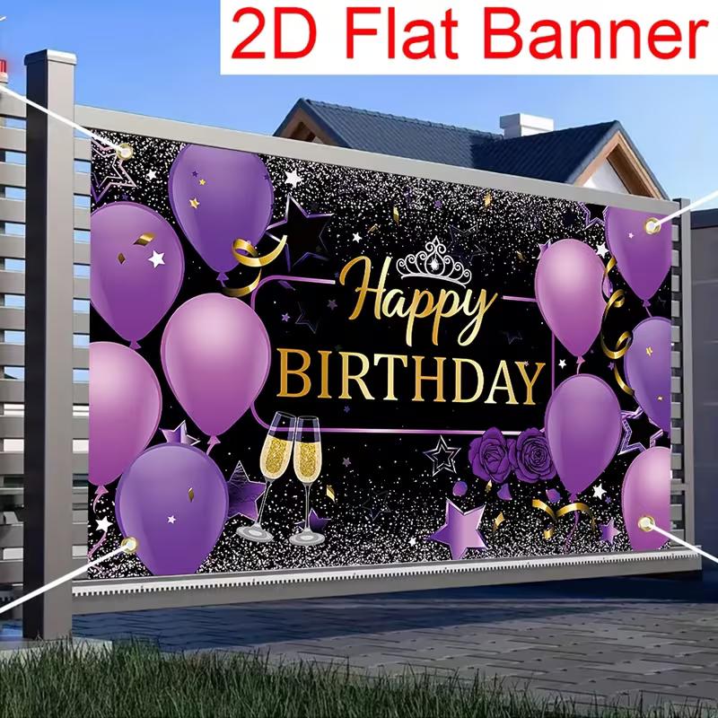 2D Flat Banner Birthday Backdrop Purple Black Gold for Women & Girls Themed Party Photos