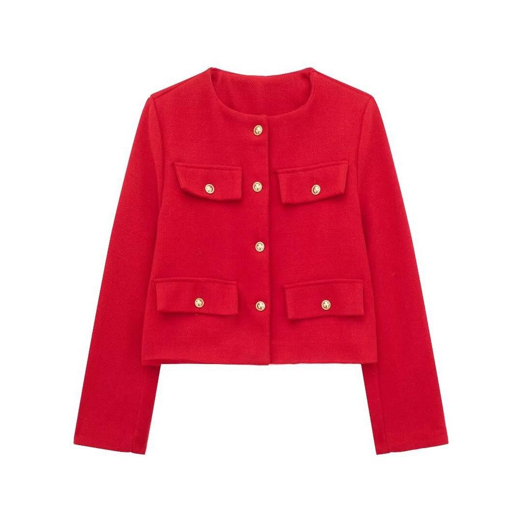 Women's Fashion and Casual Versatile Round Neck Flip Decoration Short Suit Coat Plus Size