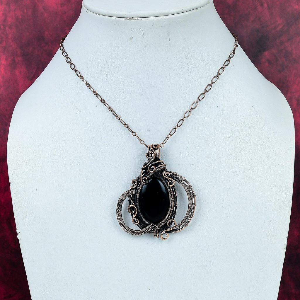 Black Onyx Gemstone Pendant Handmade Unique Jewelry Copper Wire Wrapped Pendant