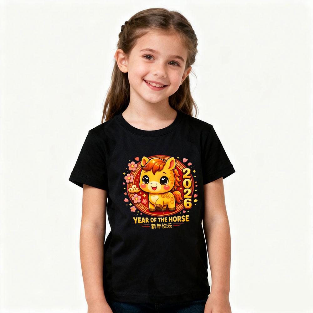 Year of The Horse 2026 Kids Tshirt Chinese New Year Kawaii Horse Printed Shirt Boys and Girls New Year Festival Costumes