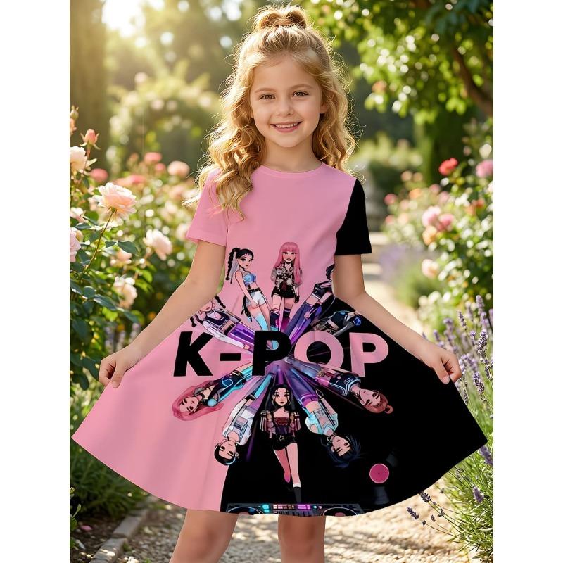 Kpop kreslené grafické šaty pro dívky Vtipný dárek pro fanouška Oblečení pro Harajuku dívky Letní topy Šaty s krátkým rukávem Dětské oblečení