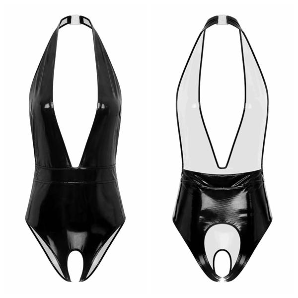 Sleeveless Latex Bodysuit Women Deep V-neck Teddies Bodysuits Crotchless Leotard One-piece Party Playsuit Rave Night Clubwear