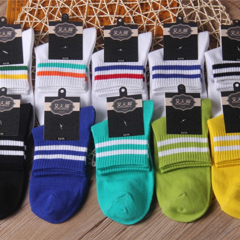 Socks Women's Spring and Summer Two-bar Solid Colour Sports and Leisure Mid-calf Socks Breathable Sweat Anti-odour Short Male