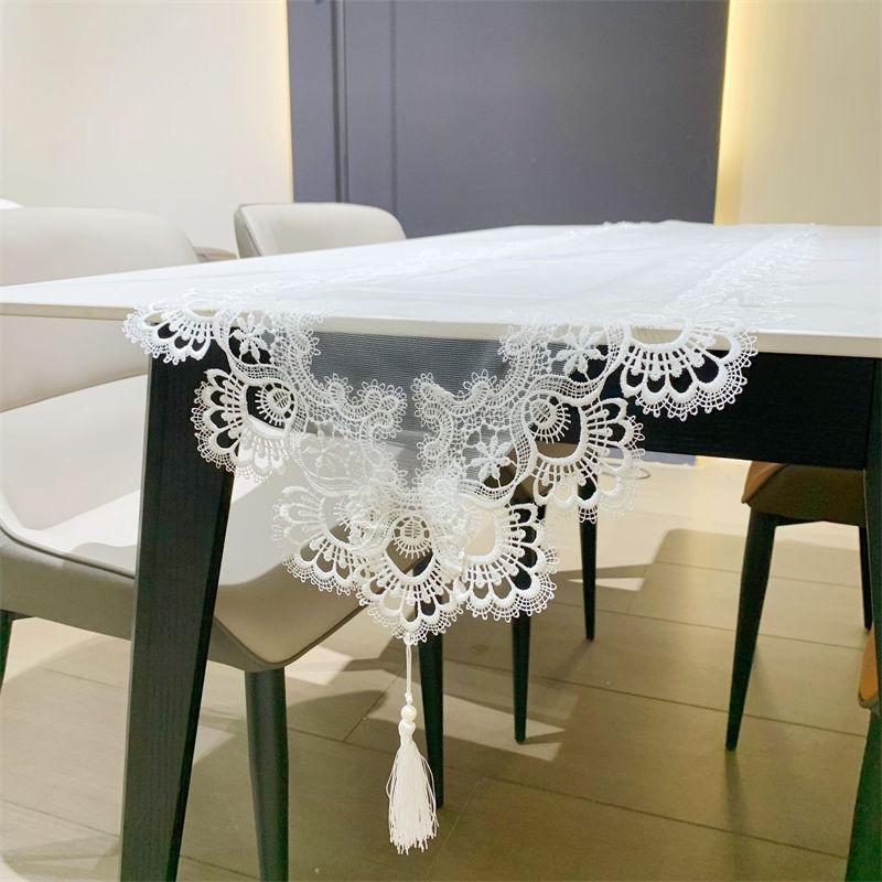 Lace Table Flag Runner Lace Fabric Pendant Tassel Table Cloth Tablecloth Flower Embroidery Anti Slip cabinet Protective Pad