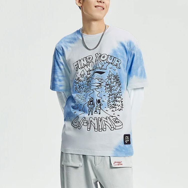 Li-Ning Sport Fashion Series Fun Print Tie-Dye Round Neck Short Sleeve T-Shirt Unisex Tops Blue AHSR895-1