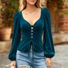 Women's Velvet Long Sleeve Tie-Front Blouse for Casual Everyday Wear