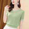Women's Summer Short-Sleeve Ice Silk T-Shirt Loose-Fit Crew Neck Knit Top Color-Blocked Lightweight Blouse