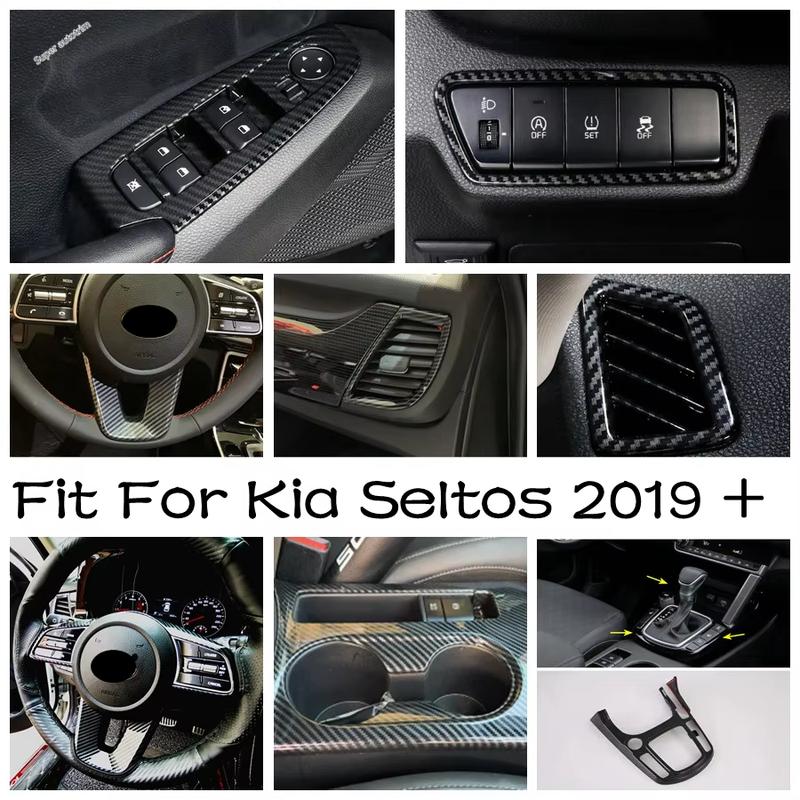 Window Lift / Water Cup Holder / Head Light Lamp / Gear Shift Panel Cover Trim For Kia Seltos - Carbon Fiber Accessories