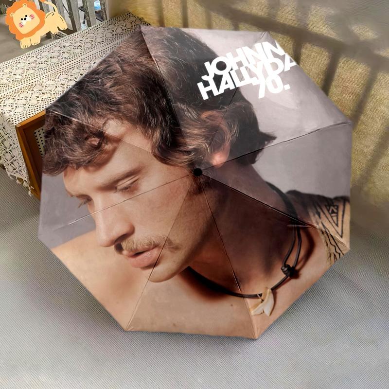 1pc Johnny Hallyday pattern Umbrella Portable Folding Umbrella Iron Frame Hole Bone Structure Outdoor Home Umbrella